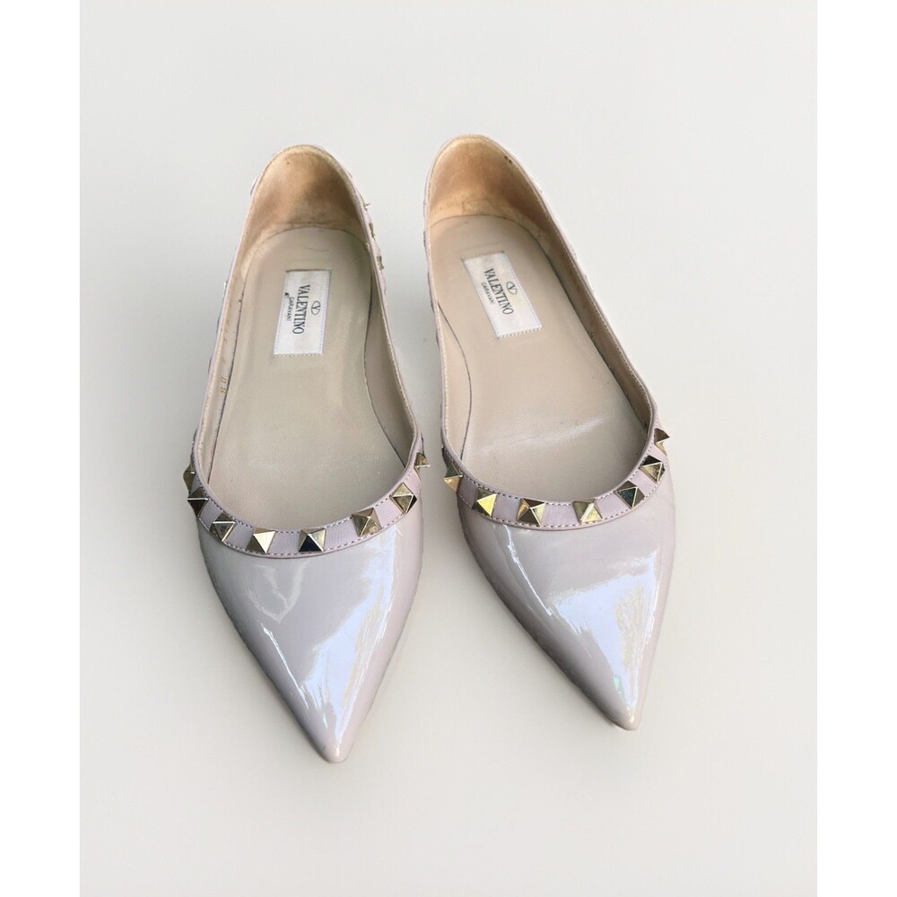 Authentic Valentino Garavani Rockstud Patent Pointed Toe Ballet Flats Nude US 4